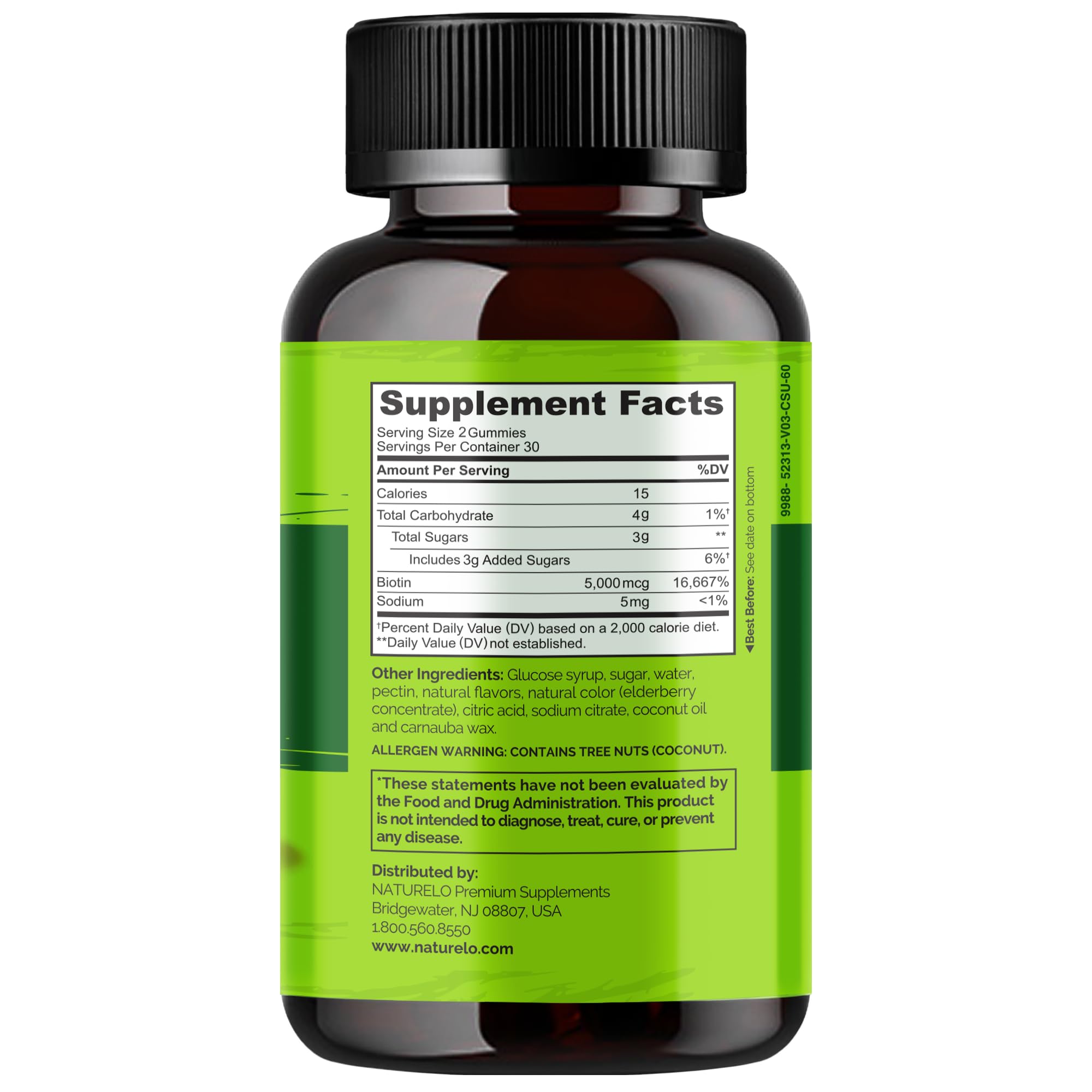 NATURELO Biotin Gummies - Supports Healthy Hair, Skin & Nails - High Potency 2500 mcg - Non GMO, Gluten Free - 60 Gummies