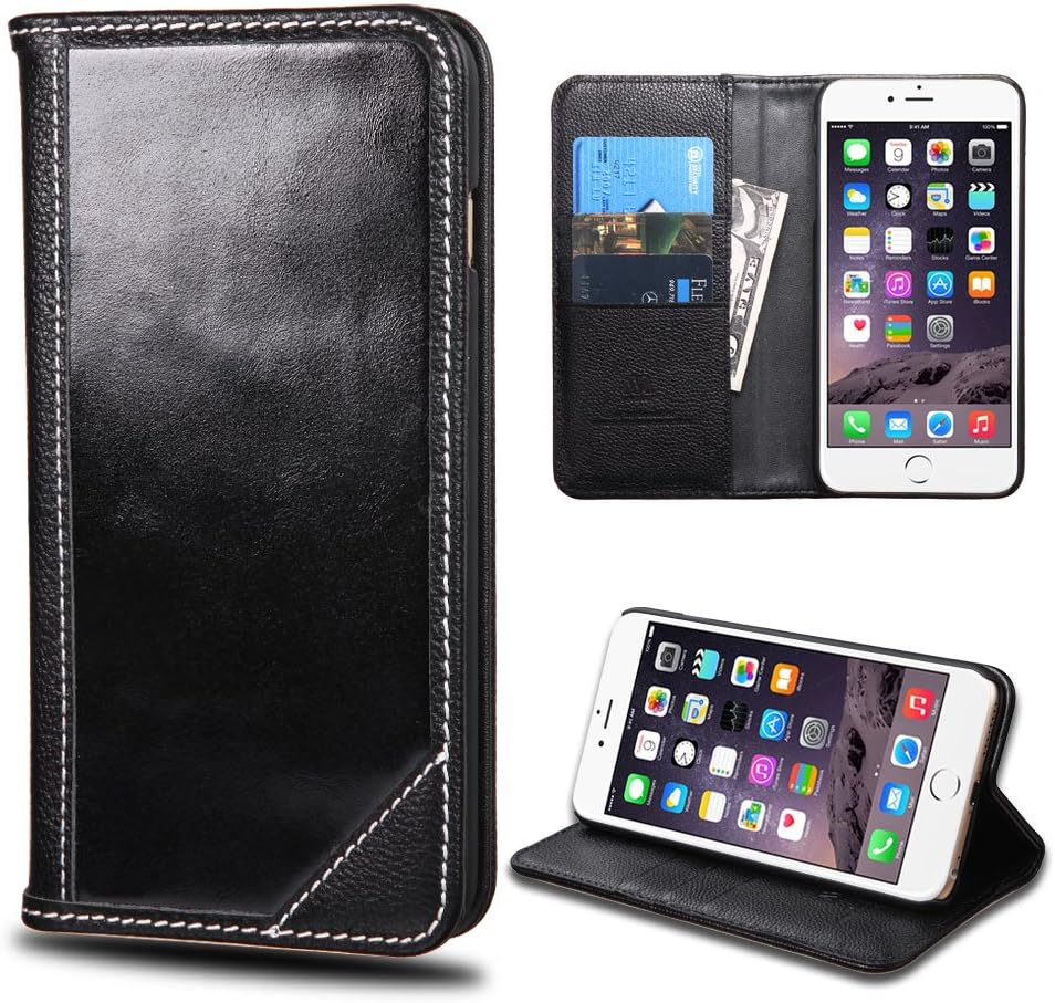 The Tunz (TM) - Apple iPhone 6 Plus 5.5" Inch LCD Phone Case, Luxurious Genuine Leather Wallet Flip Case Pouch Cover Fold Stand case Genuine Cowhide Leather Wallet Flip Case with free Microfiber Cleaning Cloth for iPhone 6 Plus