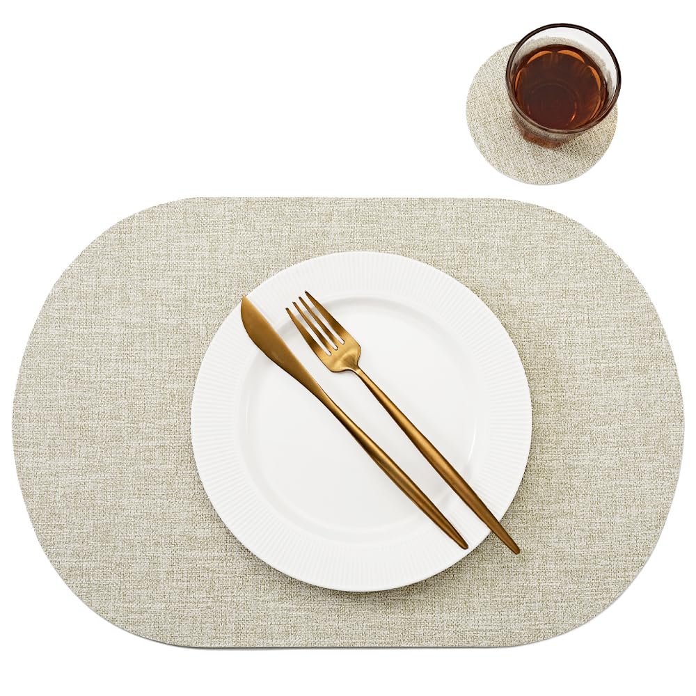 Oval Table Mats Set of 6, Faux Leather Placemats, Heat Resistant & Waterproof(Beige)