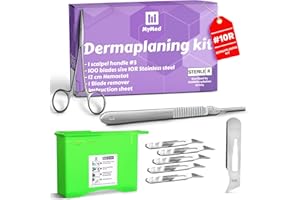MyMed 10R Blades Dermaplaning Kit Containing 10r Blades Scalpels Pack of 100 with Dermaplane Handle #3 + Scalpel Blades Remover Box + Hemostat - Pack of Dermaplane Razor Blades for Dermaplaning