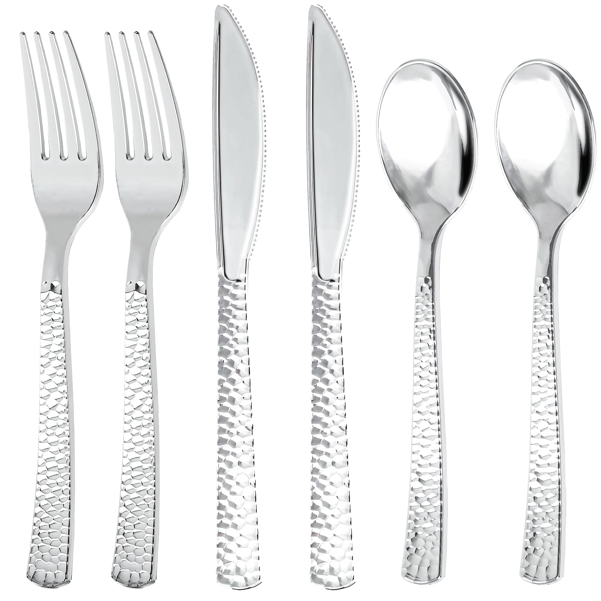 Photo 1 of Joyido 300Pieces Silver Plastic Silverware - Hammered Disposable Utensils - Heavy Duty Plastic Cutlery Set Includes 100 Forks, 100 Spoons, 100 Knives for Dinner Parties Weddings