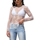 YAMILI Lace Tops for Women Mesh Long Sleeve Top Crew Neck Sheer Blouse Sexy See Through Layering Shirts Outfits