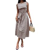 Acelitt Summer Maxi Dresses for Women 2026 Smocked Waist Gingham Dress Flowy A Line Beach Long Sundresses with Pockets