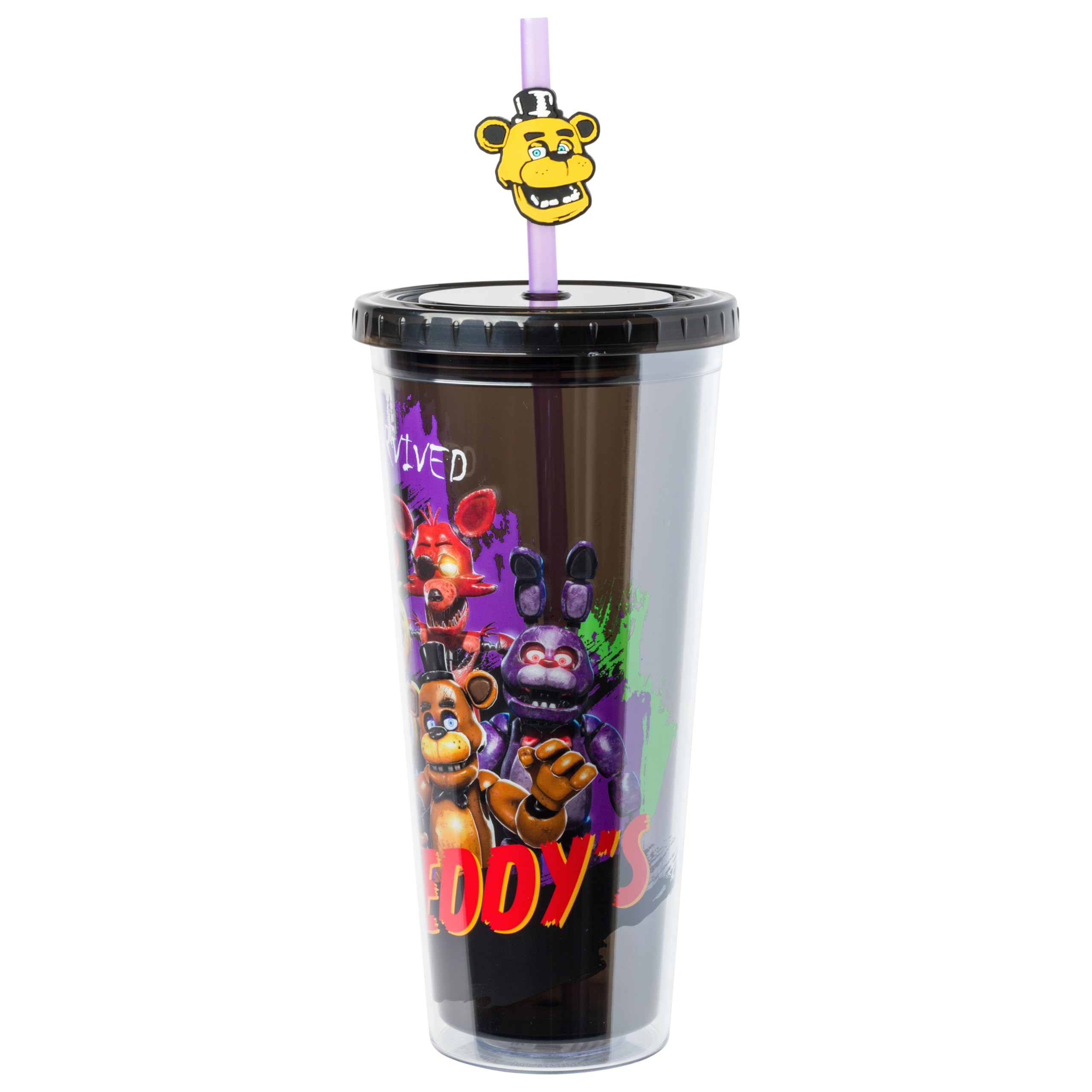 Silver Buffalo Five Nights at Freddy's Plastic Cold Cup with Lid and Straw Topper Featuring Freddy Fazbear, Foxy, Chica, and Bonnie, 24 Ounces