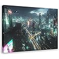 Cyberpunk Night City Wall Art – High-Tech Skyscraper Print with Neon Lights, Futuristic Urban Home & Gaming Room Décor Poster Print Decorative Painting Canvas Wall Art Living Room Posters Bedroom Pain