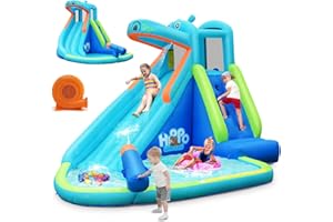HONEY JOY Inflatable Water Slide, Hippo Theme Blow Up Water Park Bounce House for Backyard, Climbing Wall & Slide, Indoor Out