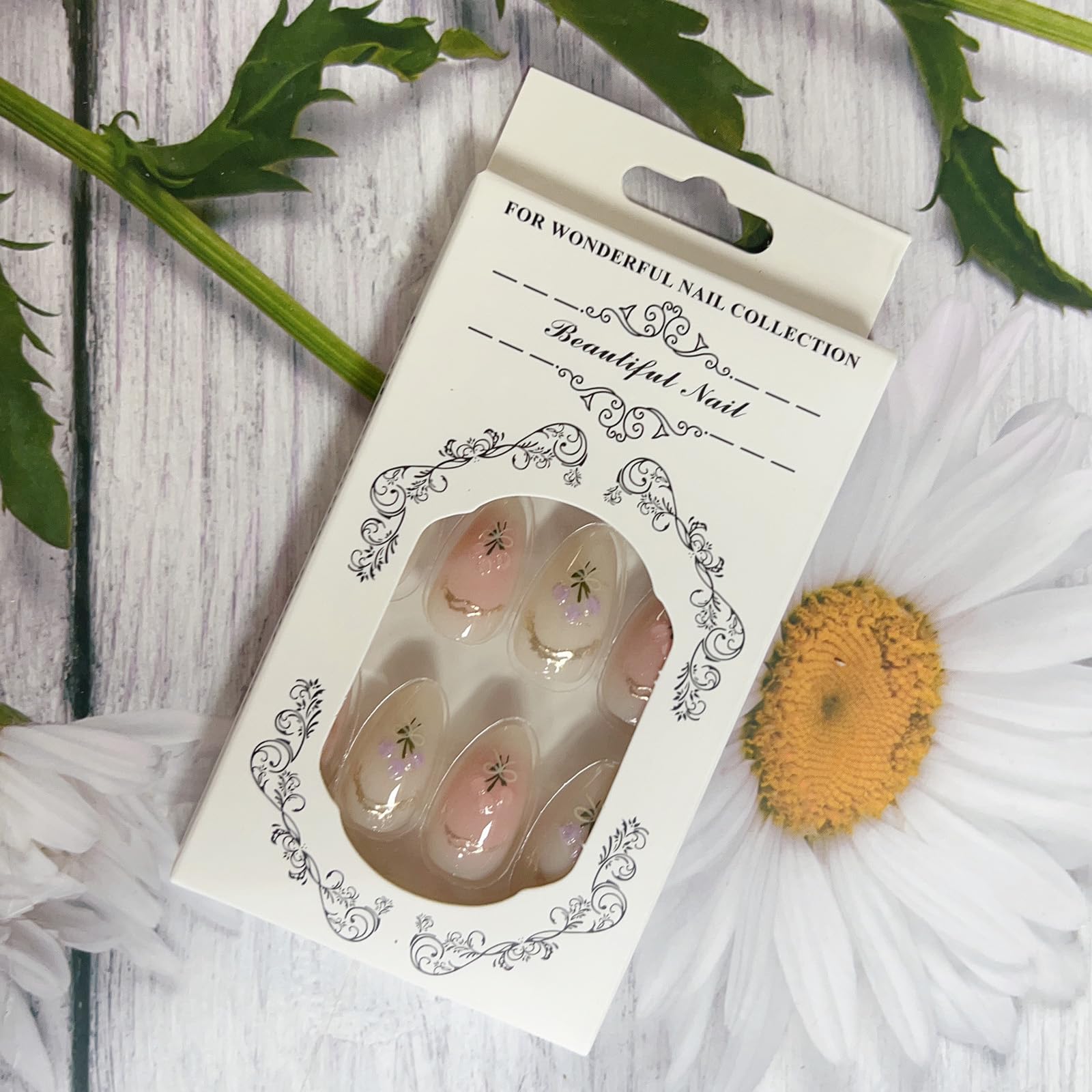 LPOODDNU 3D Handmade Press on Nails with Charms Medium Almond Fake Nails Cute French Nails Press ons Butterfly Flower Bow Stick on Nails Almond Shape Acrylic Nails Pearl Nails for Women Daily Wear - Image 7