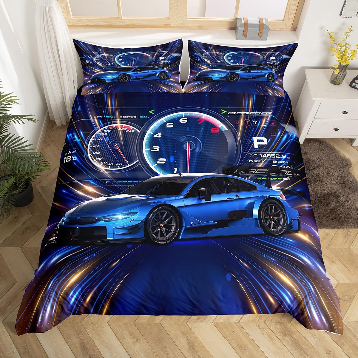Homewish Sports Car Comforter King, Race Car Bedding Set Cool Speed Duvet Cover for Boys Kids Young Man Room Decor, Extreme Sports Theme Bedspread (Blue, 3Pcs) — image 1