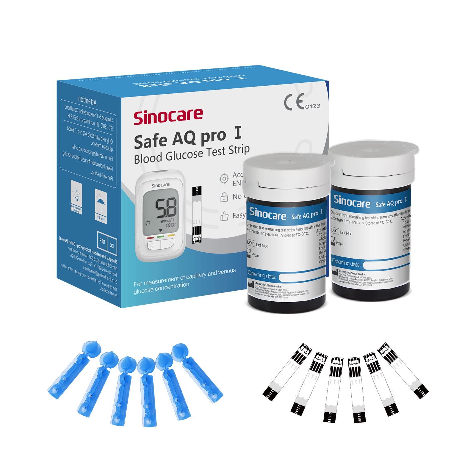 Sinocare Safe AQ Pro I Blood Glucose Test Strips 50pcs & Lancing Devices 50pcs, Only for Sinocare Safe AQ Pro I Glucometer, Composite Silver Electrode Test Strips