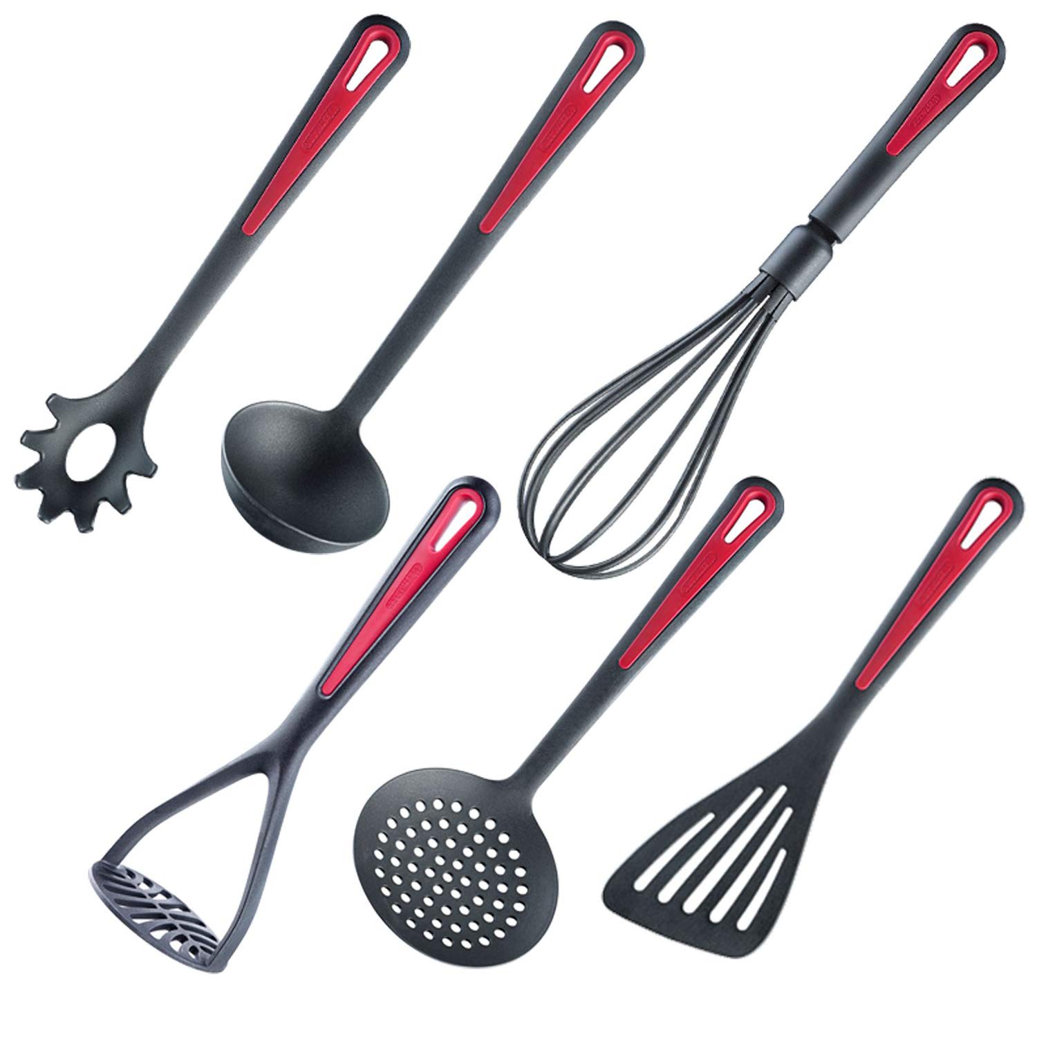 Westmark Kitchen Utensil Set, 6 pcs: spatula, skimming spoon, spaghetti spoon, soup ladle, potato masher, whisk, High-quality plastic, Gallant, Black/Red, 290022E6