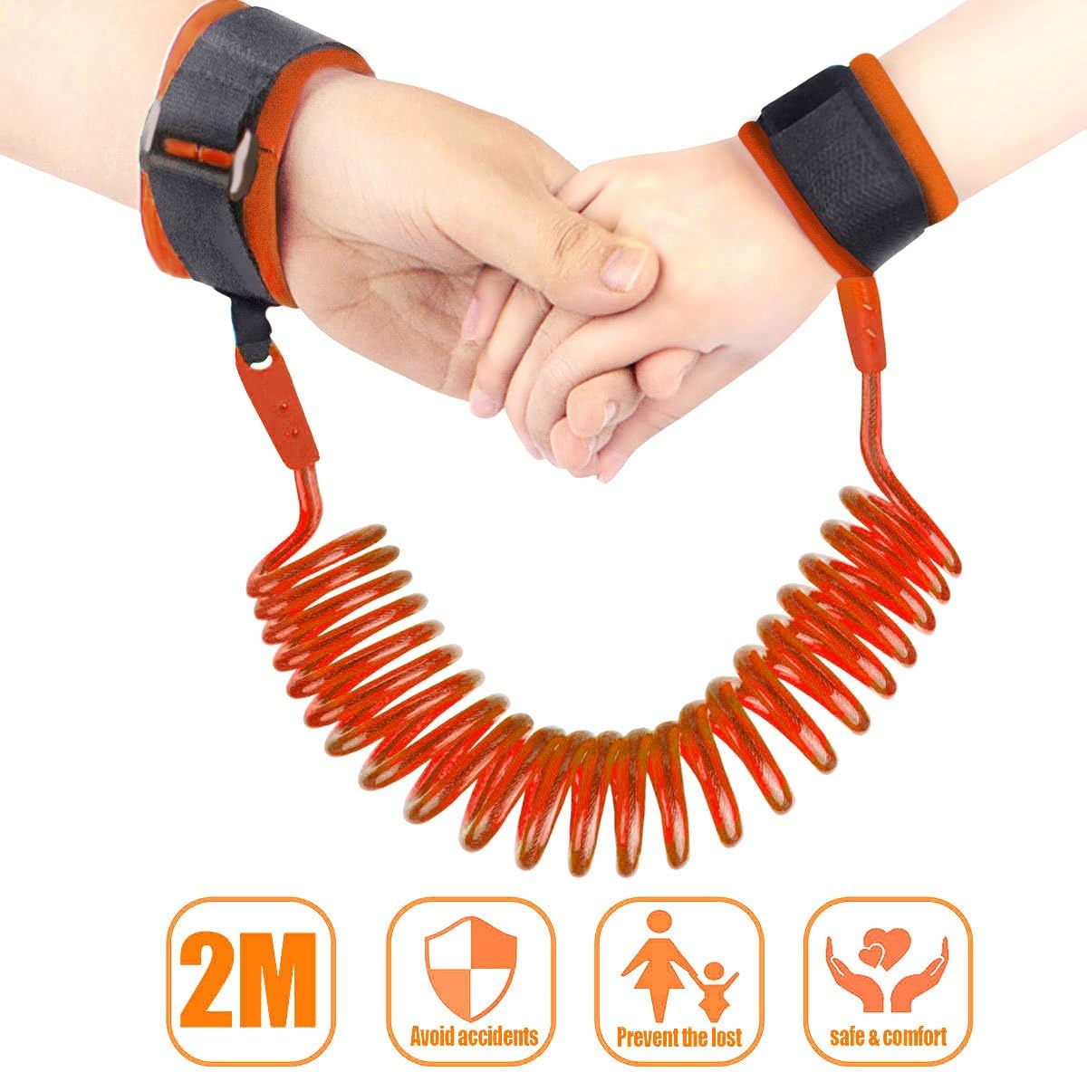 Child Anti Lost Safety Wrist Link Belt, Baby Anti Lost safety wrist link bungee leash Safety Toddler Harness 2M (Orange)