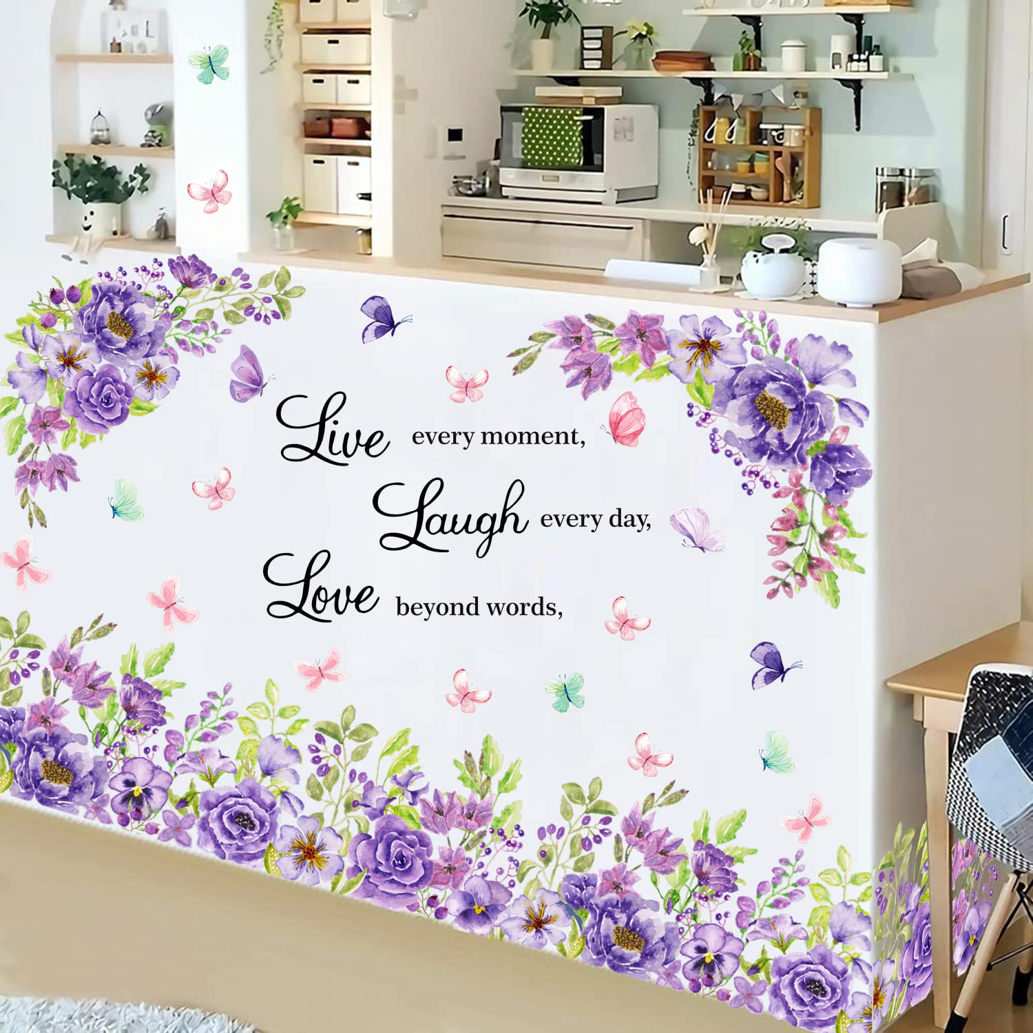 Purple Flower Wall Stickers Live Laugh Love Art Decals Flower Vine Butterfly Wall Sticker Inspirational Wall Decals Peel and Stick Garden Floral Wall Stickers for Living Room Kids Baby Bedroom Decor