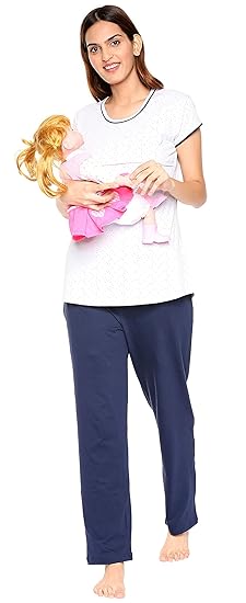 Women's Cotton Pink & Blue Feeding Night Suit Dot Print Nursing Night Suit