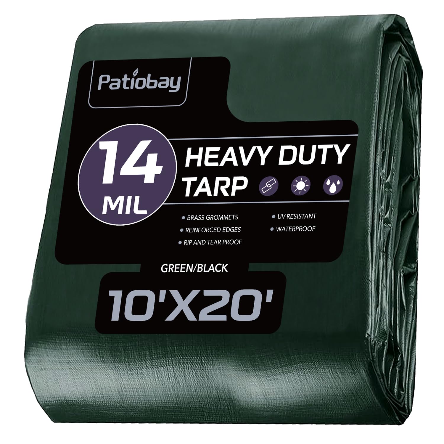 Patiobay Tarp 10x20 Feet, 14 Mil Large Waterproof Tarps Heavy Duty with Brass Grommets, Thick Plastic Tarp, UV Resistant Tear&Fade Resistant, Reinforced Edges for Outdoor Pool Car Camp Tent Image