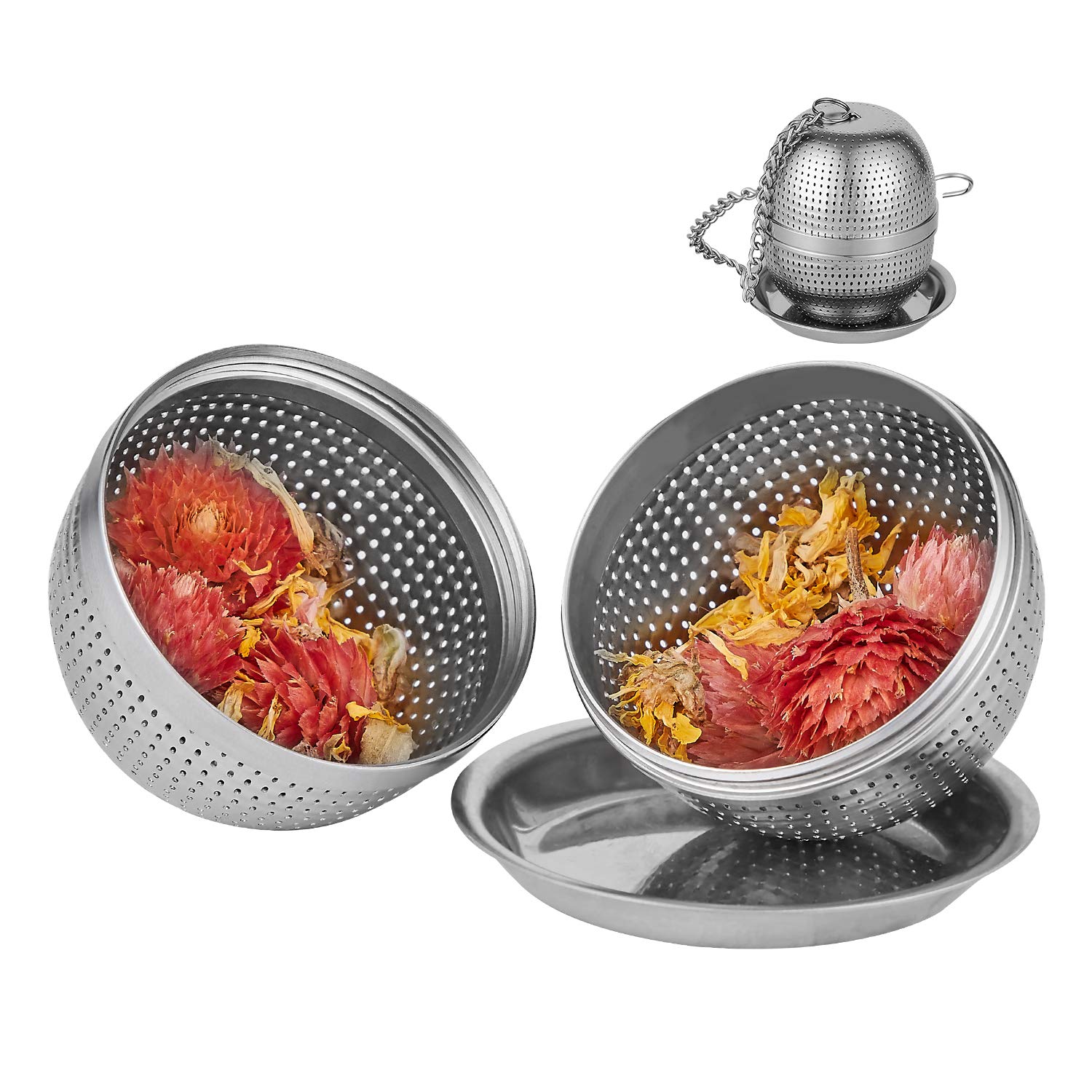 YEOSEN Tea Infuser Ball - Tea Strainer Ball for Loose Leaf Tea, Spice Infuser Stainless Steel Mesh, Fine Threaded Connection, 4.3 inch Chain with Drip Tray