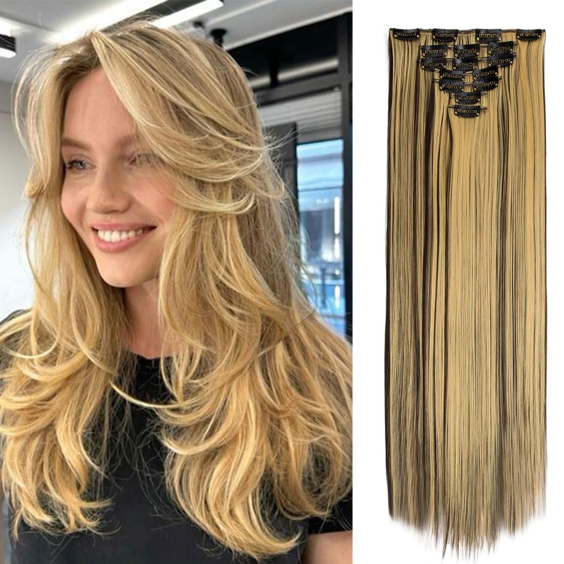 Swy Hair Clip in Hair Extensions Body Wave 22 inches 7Pcs 150g Straight Hair Synthetic Hair Extensions (S-Brown Mix Blonde, Straight) โ image 1