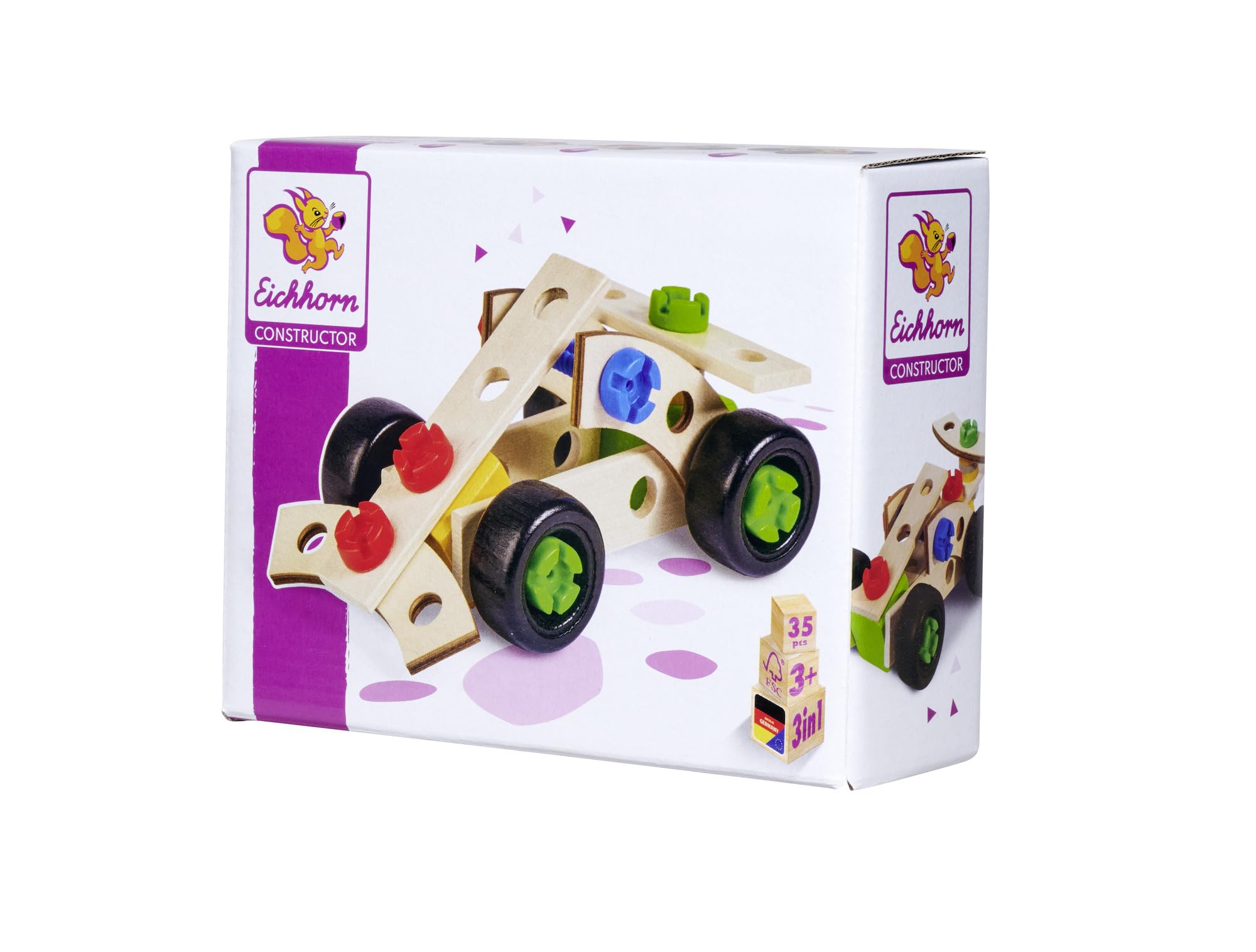 Eichhorn - Constructor Racing Car, Versatile Wooden Toy, 35 Pieces, 3 Different Constructions, 100% FSC Certified Beech Wood, from 3 Years