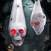 Halloween Decorations Outdoor Indoor 2PCS Hanging Skull with Light up Eyes Spider Web Scary Haunted House Decor Halloween Party Decor Graveyard Decoration