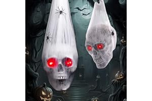 OFUN Halloween Decorations Outdoor Indoor 2PCS Hanging Skull with Light up Eyes Spider Web Scary Haunted House Decor Halloween Party Decor Graveyard Decoration