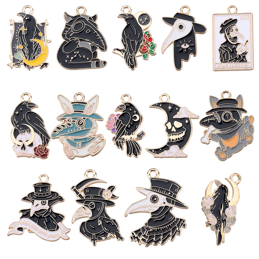 SUNNYCLUE 1 Box 28Pcs 14 Styles Black Crow Charm Gothic Charms Bulk Alloy Enamel Halloween Raven Bird Moon Rose Beak Skull Animal Charm for jewellery Making Charms Women DIY Necklaces Earrings Crafts