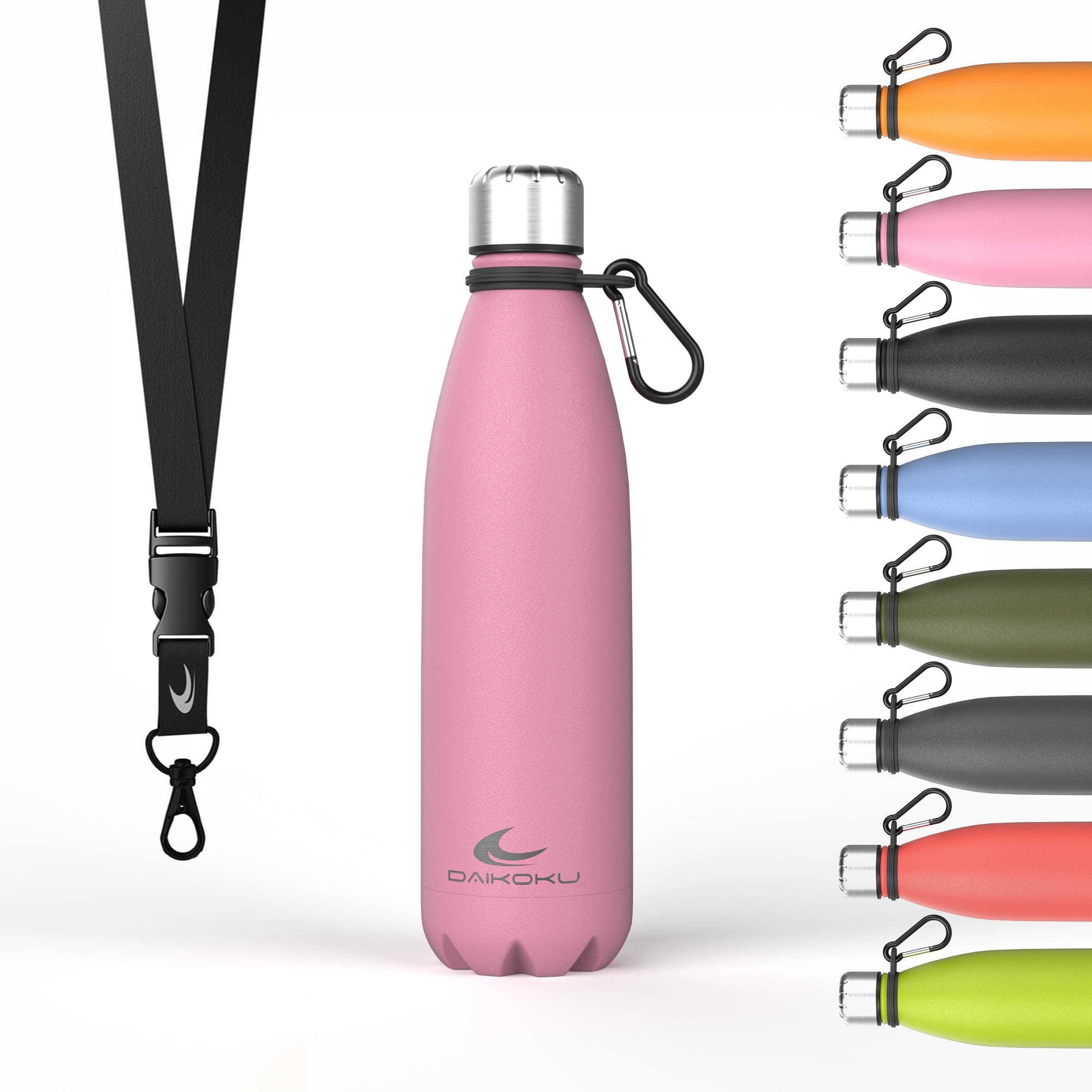 Daikoku Stainless Steel Bottle + Adjustable Strap + Carabiner, BPA Free Double Walled Thermos, Reusable Water Bottle, Airtight Cap, Colour Pink, Capacity 500 ML