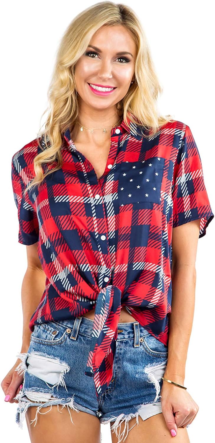 Tipsy Elves Funny Cute Red White and Blue Women's Short Sleeve Button Down Shirts for Summer: Clothing