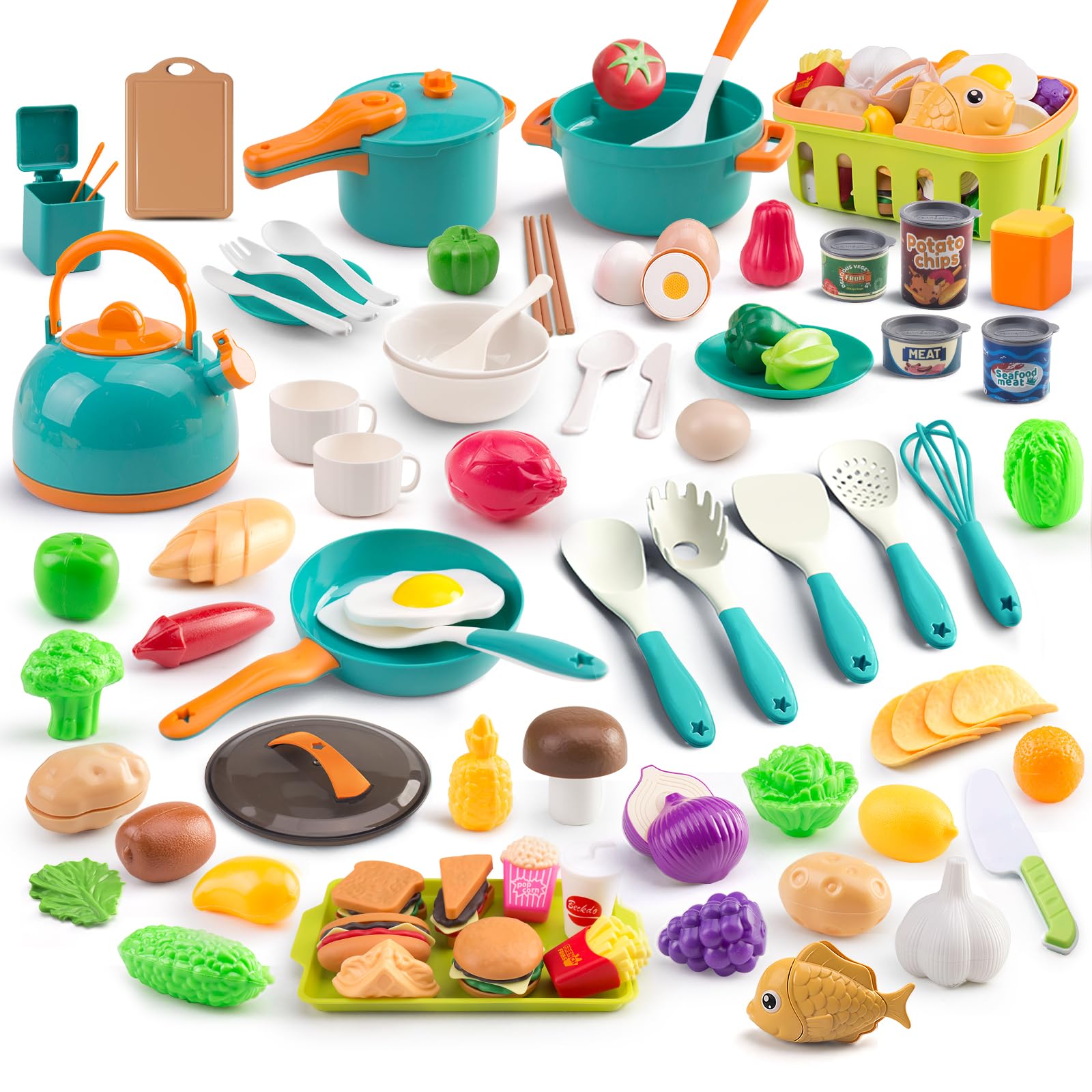 Photo 1 of 118Pcs Mini Play Kitchen Accessories for Kids, Pretend Cooking Playset with Cookware, Tableware & 2 Fruit Sets, Learning Gift for Girls, Boys, Toddlers, Green