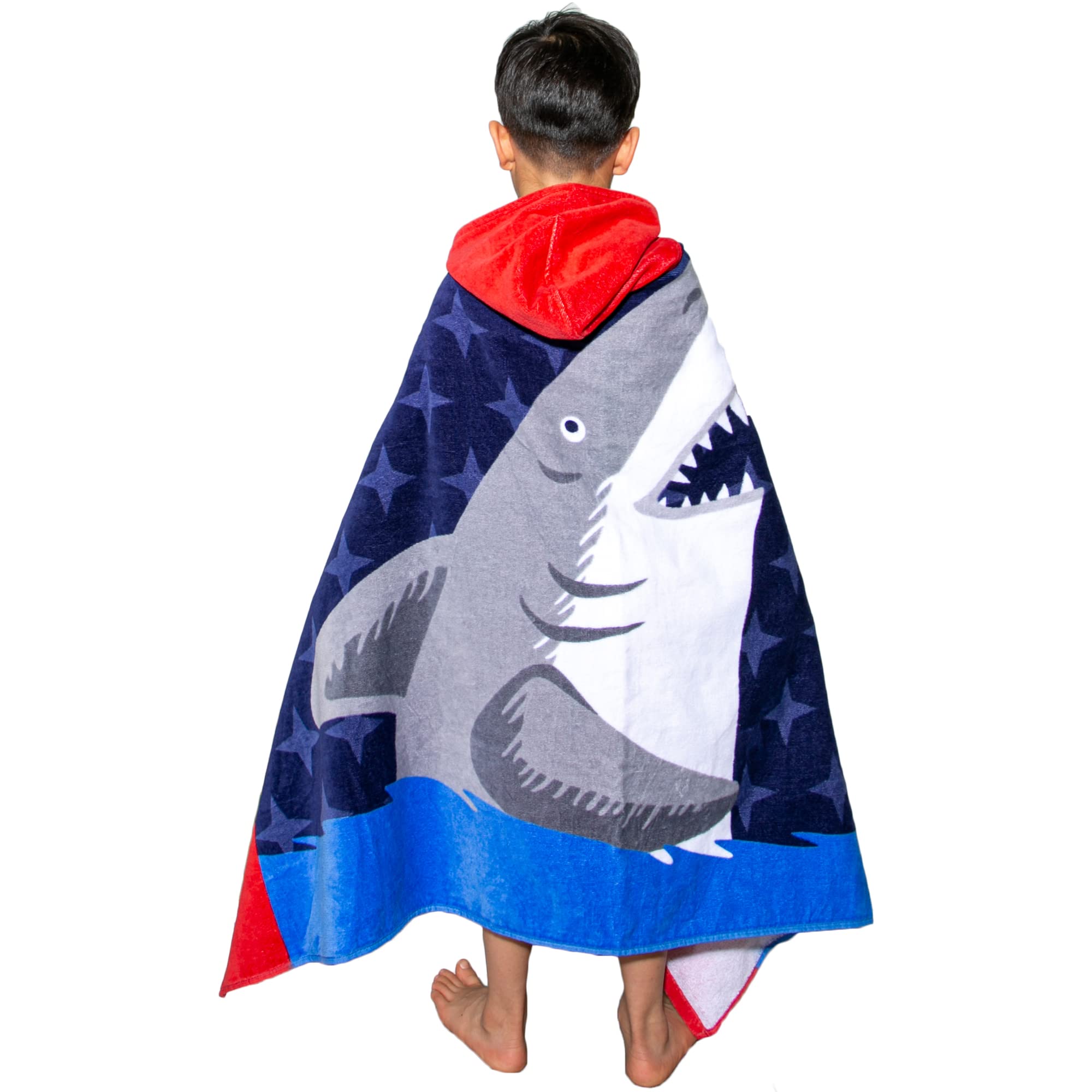 Fewlby Boys Hooded Beach Bath Towel, 100% Cotton Bathrobe Kids Cartoon Hooded Bath Blanket Swimming Towel Surfing Poncho, 30"*50", Shark