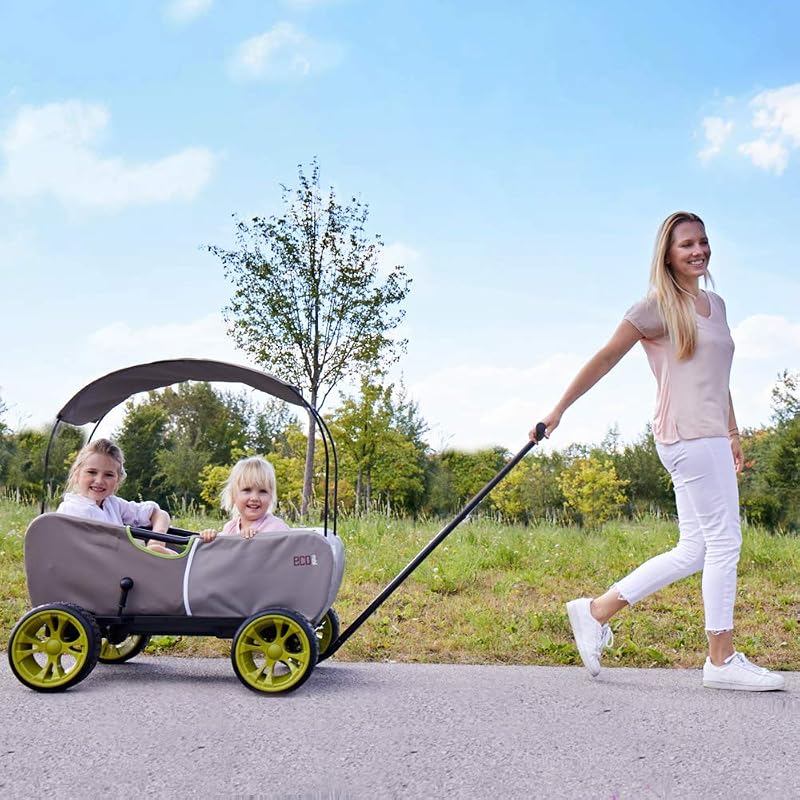 Eco Mobil Carro de Mano, apto para 2 Niños, Carro Transporte Plegable, Antivuelco, Toldo, Bollerwagen Niños, Asiento Acolchado, Freno, Carro Plegable, Carga Máxima 50 kg, Forrest Grayge