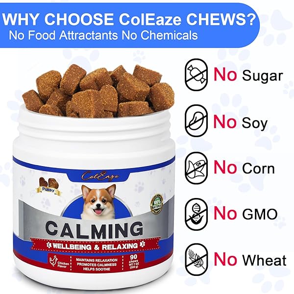 COLEAZE DOG CALMING CHEWS, HEMP CALMING CHEWS FOR DOGS – PURE NATURAL INGREDIENTS CALMING TREATS, AID WITH SEPARATION BARKING, VET VISITS, THUNDERSTORMS, 90 COUNT CHICKEN FLAVOR, BROWN