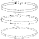 VZZNN 3 Pcs Sterling Silver Layered Anklets Set for Women, Hypoallergenic Double-Layer Adjustable Waterproof Ankle Bracelets, Non-Tarnish Dainty Silver Anklets for Summer Jewelry Gifts