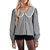 Burtell Striped Button Down Shirts for Women Casual V Neck Long Sleeve Blouse Loose Puff Sleeve Babydoll Tops Business Work