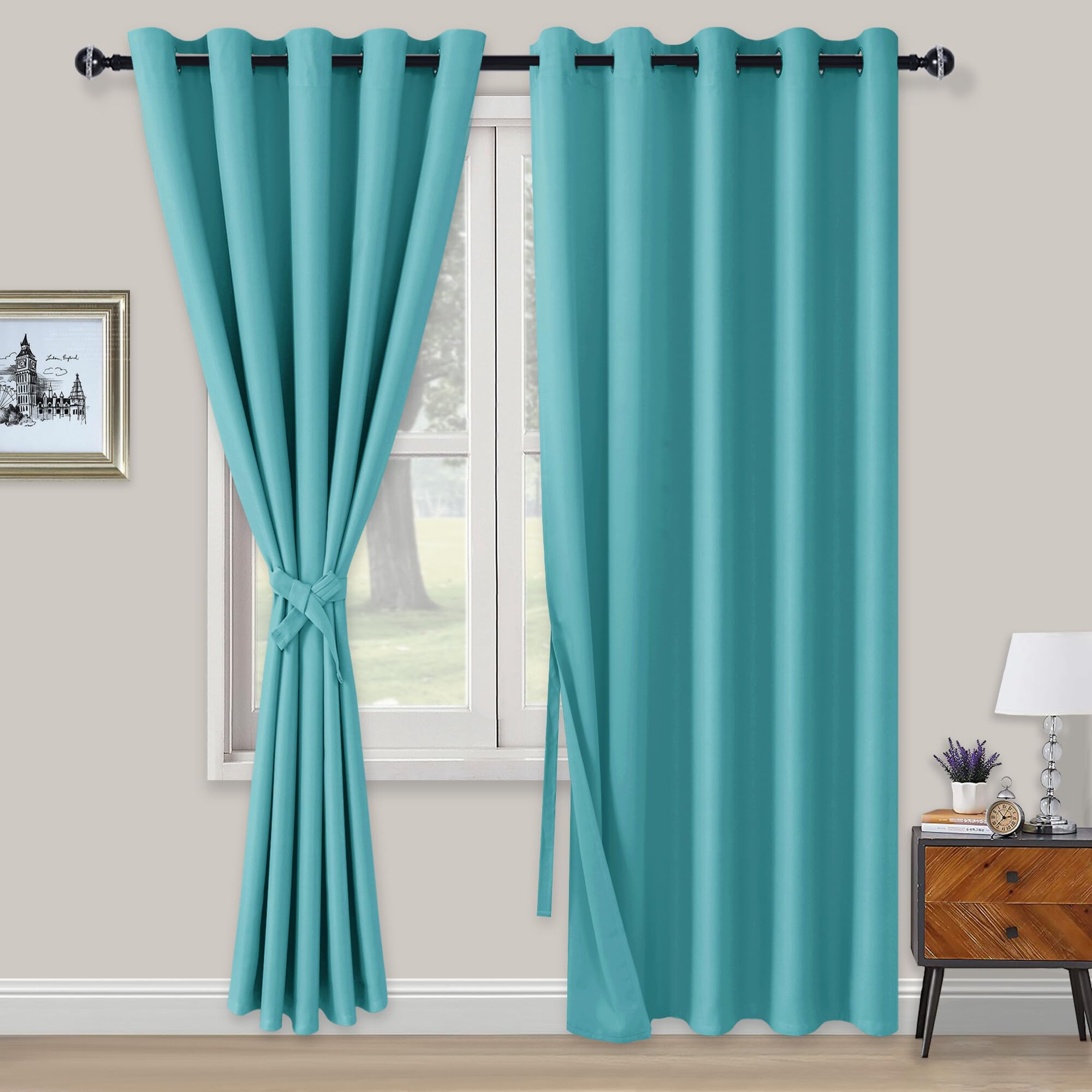 XWZO Blackout Curtains Shades Window Curtain Panels with Tiebacks- Noise Reduction and Thermal Insulated Eyelet Curtains for Bedroom,Living Room,Office,Study Room Turquoise W66xL90
