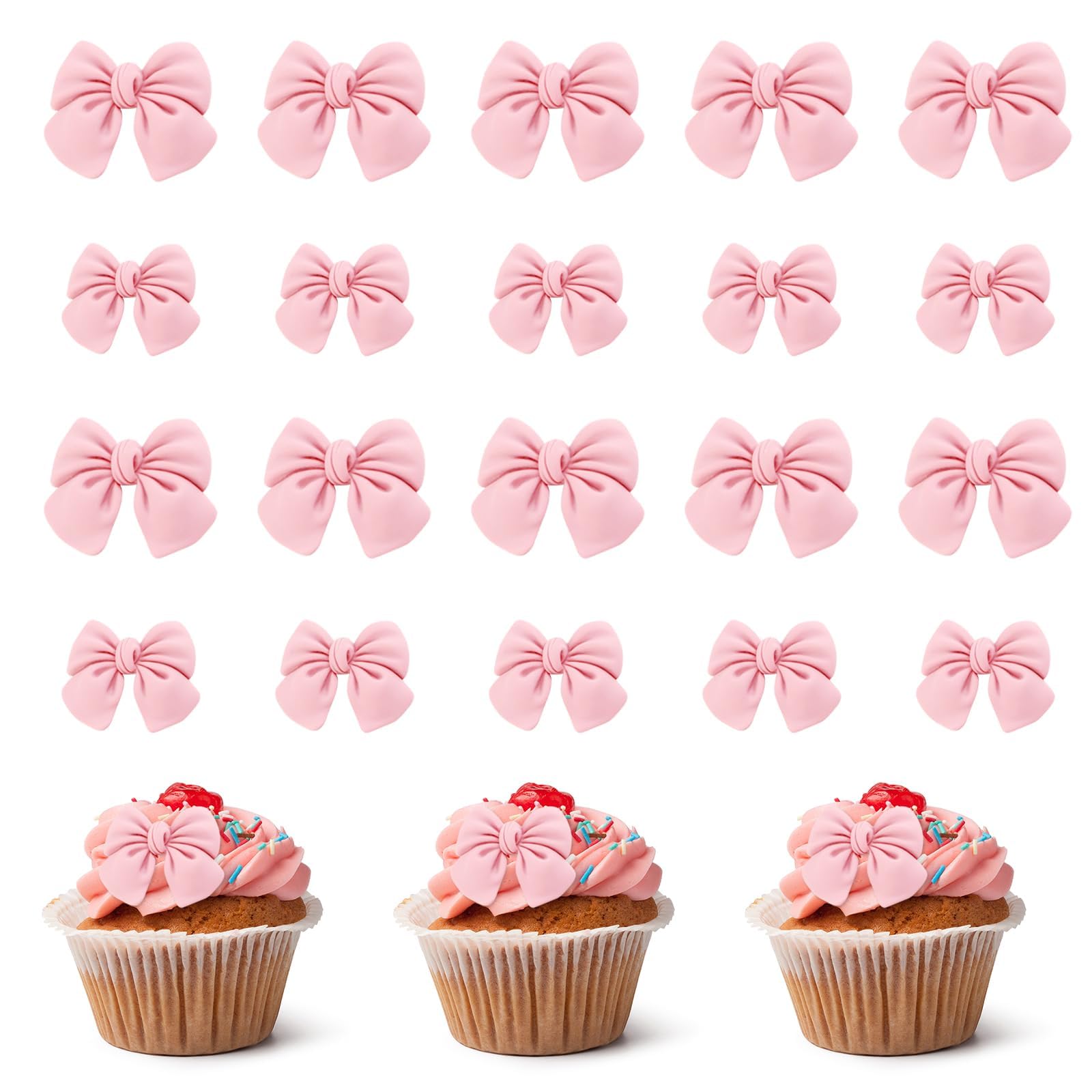 Photo 1 of 20Pcs Pink Bow Cupcake Decorations, Bow Cake Topper Supplies, Pink Bow Cupcake Toppers, Bow Cake Decor Bows for Cake Decorating for Theme Parties, Engagements, Baby Showers, Birthday Parties