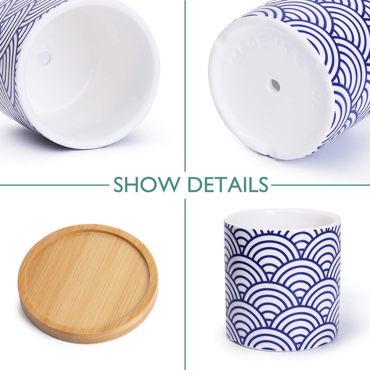 Greenaholics Succulent Pots - 3 Inch Pattern Japanese Style Cylinder Ceramic Planters for Small Succulent, with Bamboo Saucers, Set of 3 - Image 4