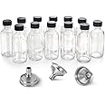 12 Pack 2 oz Small Clear Glass Shot Bottles with Caps, 60ml Travel Bottles | 3 Funnels, Leakproof, Food Grade- Health, Immuni