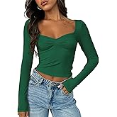 TiulZial Women's Long Sleeve Going Out Crop Top Sexy Pleated Trendy Shirt Sweetheart Neck Y2K Ruched Cropped Tops