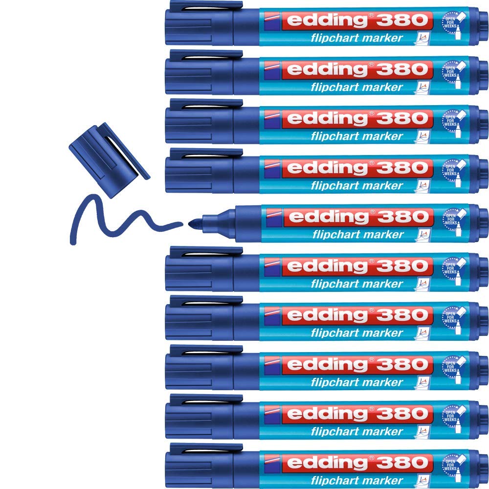 edding 380 flipchart marker - blue - box of 10 - round nib 1.5-3 mm - marker for writing, drawing and marking on flipchart paper - does not bleed through - does not dry out