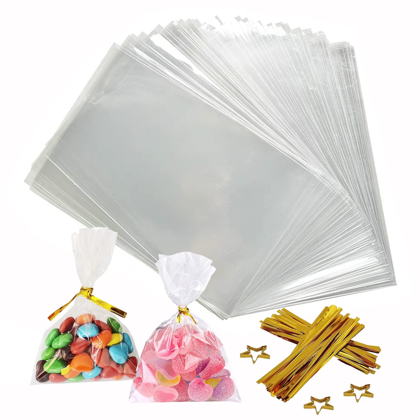 Pack of 200 Cellophane Bags - 4 x 6 Inches Cookie Bags with Colorful Pull Bows for Gift, Bakery, Cookies, Desserts, and Candies