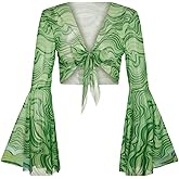 Verdusa Women's Bell Sleeve Crop Top Tie Front Long Sleeve Blouse Sheer Mesh Top