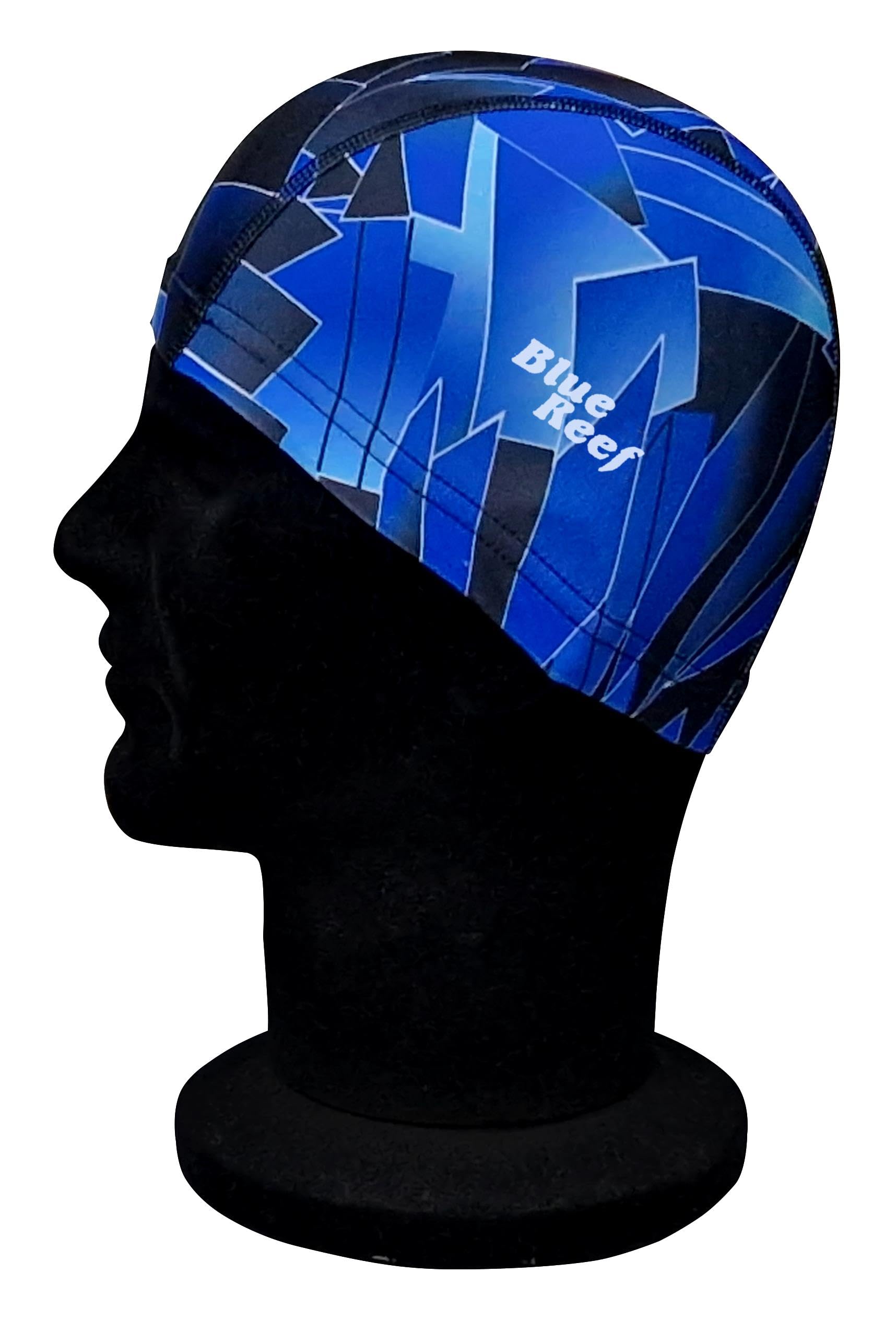 Blue Reef Elasticated Unisex Nylon Lycra Stretchy Swim Hat Bathing Cap Abstract St Tropez Print Deluxe Pull On One Size Fits All Suitable For All Ages 3+ Years (Blue Print)