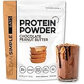 Clean Simple Eats Whey Protein Powder, Chocolate Peanut Butter Flavor Naturally Sweetened, 100% Grass Fed Protein Powder with Digestive Enzymes & No Artificial Ingredients, Gluten Free, 30 Servings