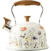 Beruyu Tea Kettle for Stove Top, 2.7QT Whistling Kettle with Floral Pattern | Stainless Steel Tea Pots with Wood Pattern Folding Handle for Boiling Water Coffee or Milk, Work for All Stovetops