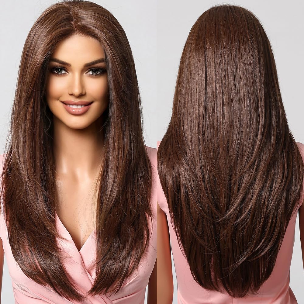 testar 13×6 HD Lace Chocolate Brown Lace Front Wig for Women 22 Inch Long Brown Straight Wig Natural Layered Hair Glueless Synthetic Lace Front Wigs Middle Part Halloween/Party/Daily Use(Hand Tied) — image 1