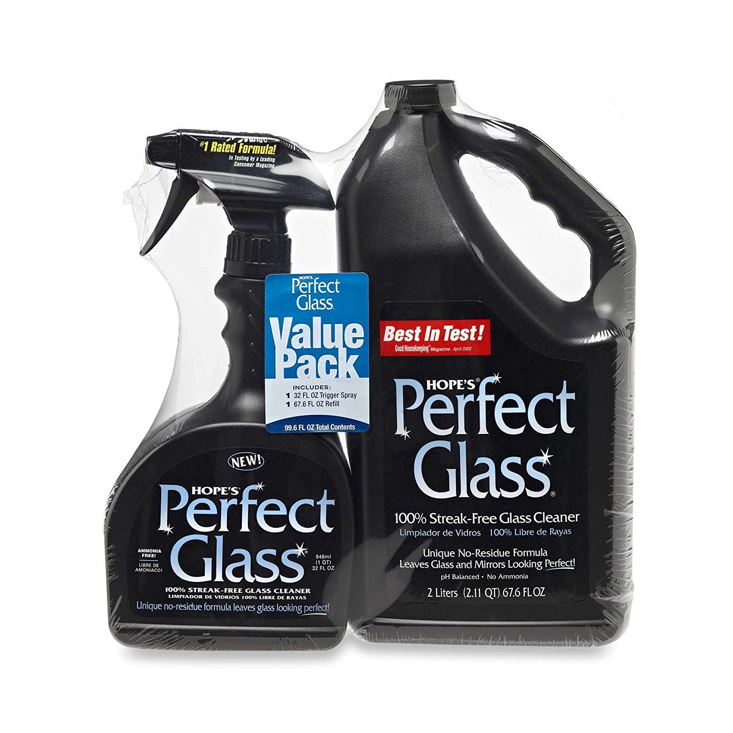 HOPE'S Perfect Glass Cleaner 2 Piece, 32 Ounce Spray 67.6 Ounce Refill Bottle, Bundle, 99 Fl Oz