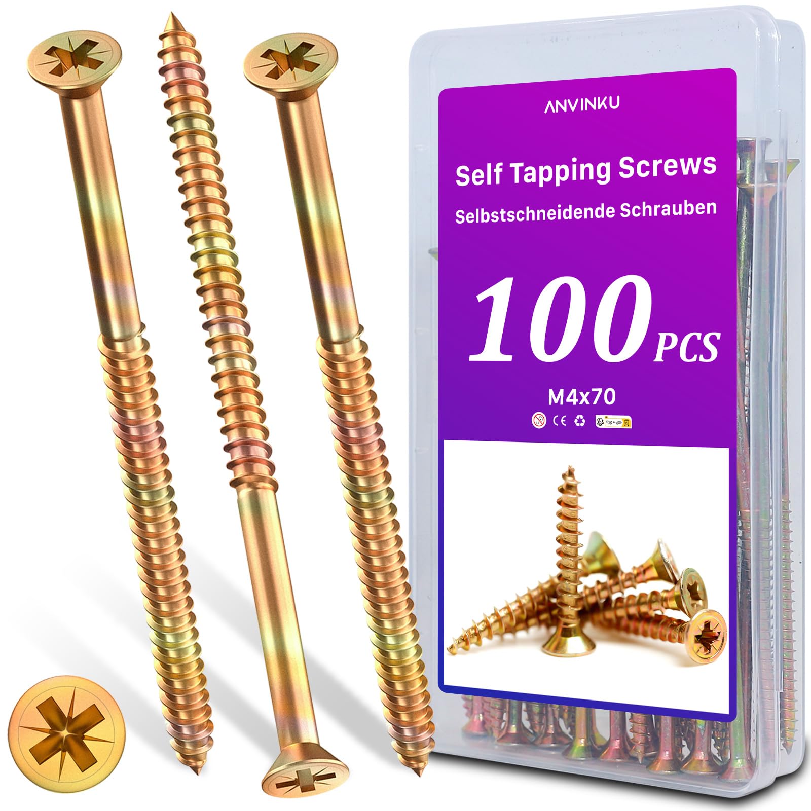 ANVINKU M4 x 70mm Wood Screws - 100 Pcs, Zinc Finish, Countersunk, Self Tapping, Assorted for Furniture Repairs