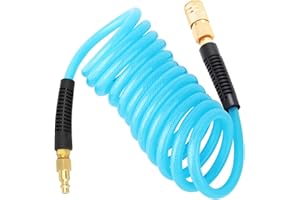 GASHER 1/4" x 10FT Reinforced Polyurethane Recoil Air Hose with Bend Restrictor, 1/4" Industrial Quick Coupler and Plug