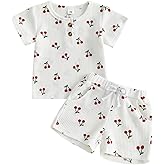 ASUNYKID Baby Girl Summer Clothes Cherry Rib Knit Short Sleeve T-Shirt Shorts Set 2 Piece Toddler Outfits for Girls