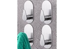 BANJEKT Towel Hooks, Stainless Steel Adhesive Hooks, 4 Pack Heavy Duty Wall Hooks for Hanging Towel Robe Coat, Self Adhesive Bathroom Hooks Stick On Bathroom Kitchen Wall Mounted Silver