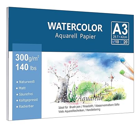 Premium Aquarellpapier (A3, 300 g/m², 10 Blatt), Lelengder Aquarellblock Glatt Watercolor Paper, Strukturiert & Matt Aquarell